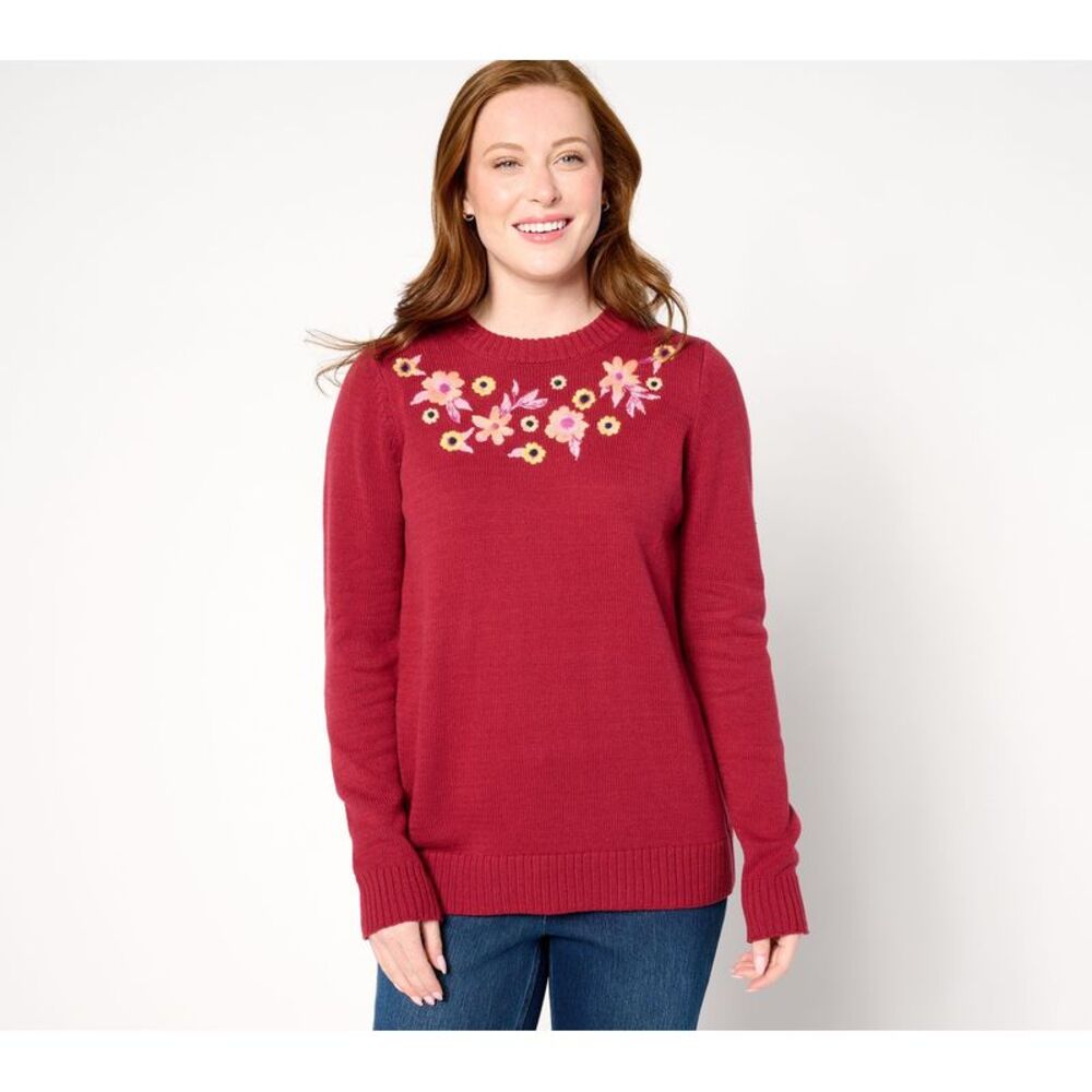 Wacoal Women's Top Sweater Sz S Crew Neck Embroidered Red A655437